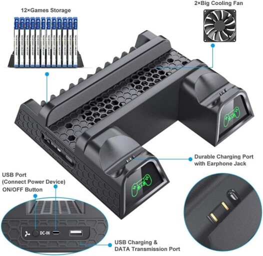 Dual controller charging station with LED indicators and charging status display.