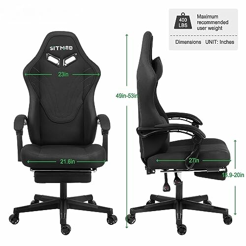 Black gaming chair with dimensions and weight capacity details.