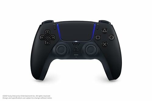 Black gaming controller with blue accents.