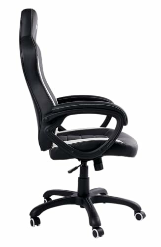 Side view of a black office chair with armrests and wheels.