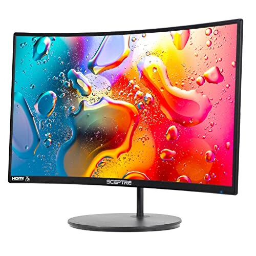 Curved computer monitor with colorful abstract screen display.