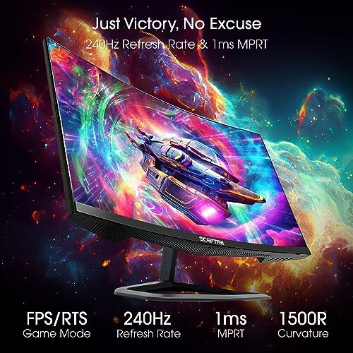 Curved gaming monitor with spaceship graphic and specs: 240Hz refresh rate, 1ms MPRT, 1500R curvature.