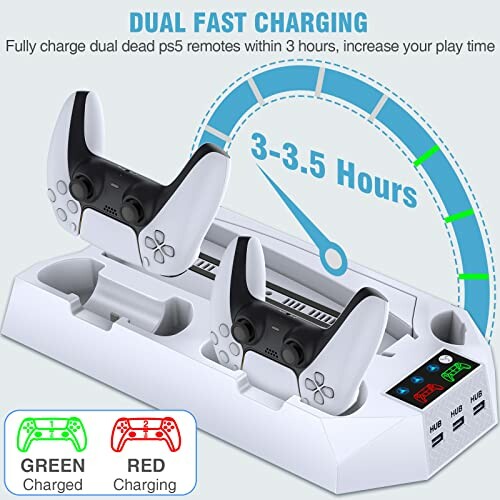 Dual fast charging station for PS5 controllers with LED indicators.