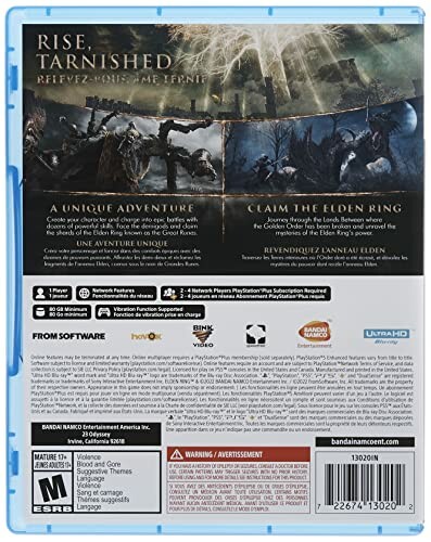 Back cover of Elden Ring PS4 game case with images and text.