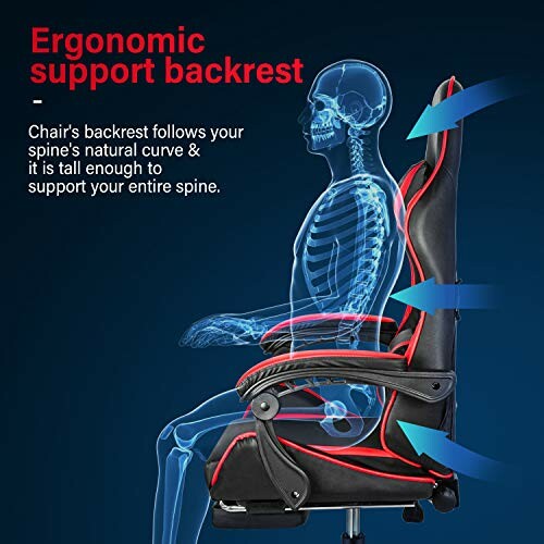 Diagram of an ergonomic chair highlighting backrest support with a human spine overlay.