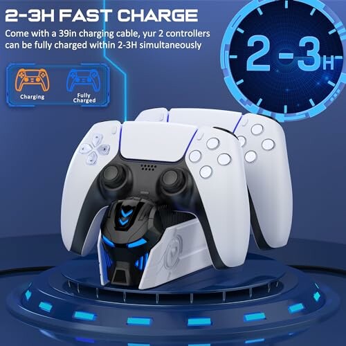 Controller charging stand with fast charge feature, supporting 2-3 hour simultaneous charging for two controllers.