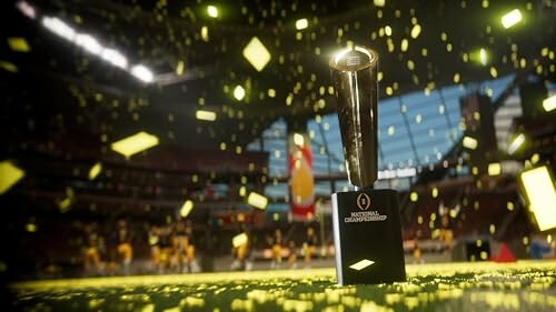 Football championship trophy with confetti in a stadium