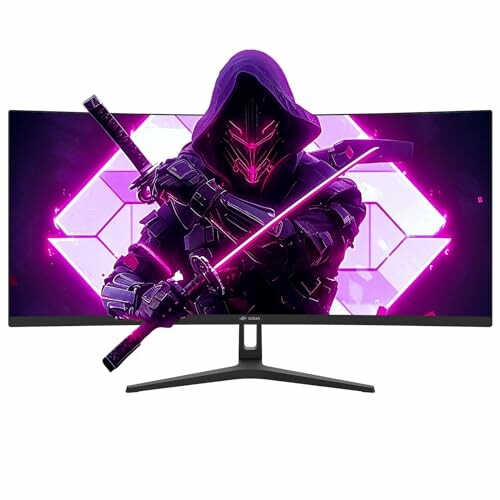 Curved monitor displaying a futuristic ninja with glowing swords.