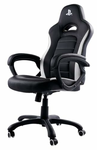 Black and white gaming chair with ergonomic design.