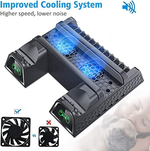 Gaming console cooling system with improved fan design for lower noise.