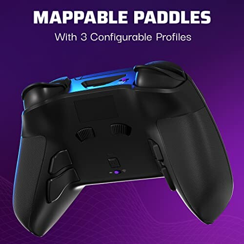 Back view of a gaming controller with mappable paddles and configurable profiles.