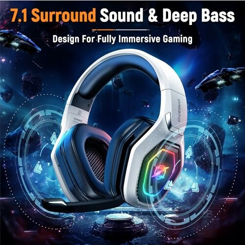 Gaming headset with 7.1 surround sound and deep bass, designed for immersive gaming.