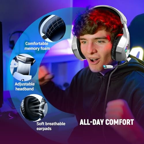 Person wearing a gaming headset with features like comfortable memory foam, adjustable headband, and soft breathable earpads highlighted.