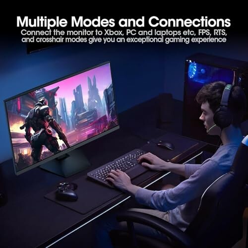 Gamer using a monitor with multiple modes and connections.