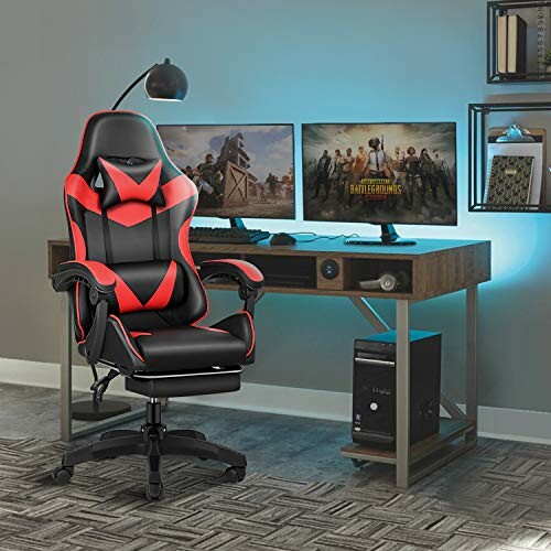 Gaming chair and dual monitor setup in a modern desk setup.