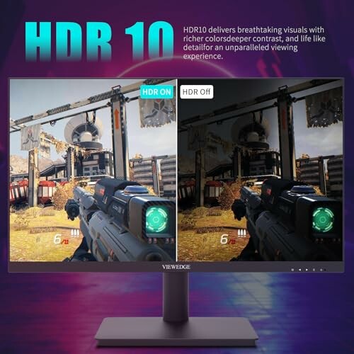 Monitor displaying HDR10 on and off comparison with enhanced visuals.