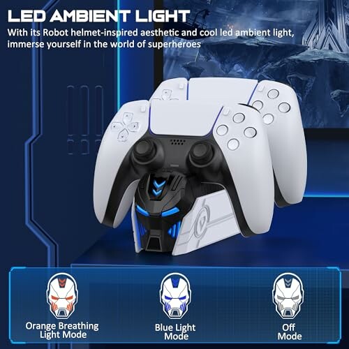 Controller stand with LED ambient light and robot helmet design.