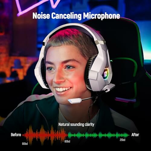 Person wearing a gaming headset with noise-canceling microphone, showing sound wave comparison before and after noise cancellation.