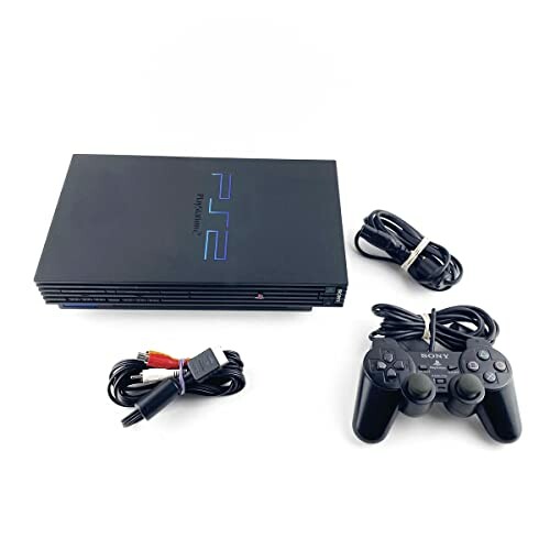 PlayStation 2 console with controller and cables.