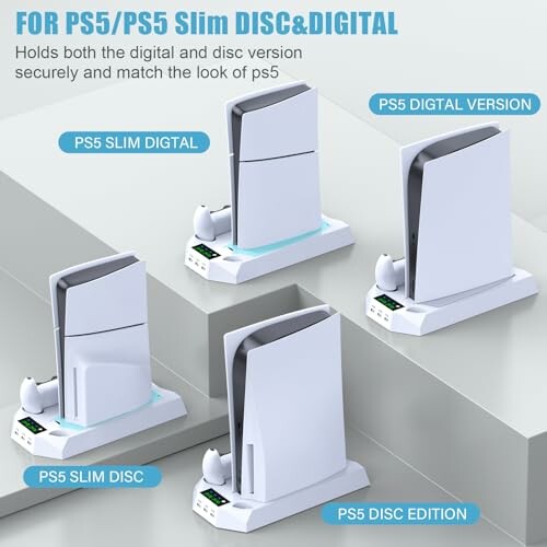 PS5 slim digital and disc versions on display stands.