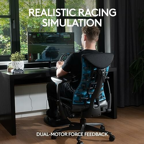 Person using a racing simulator with dual-motor force feedback.