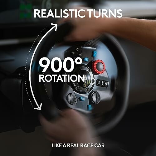 Hands turning a racing steering wheel with 900-degree rotation.