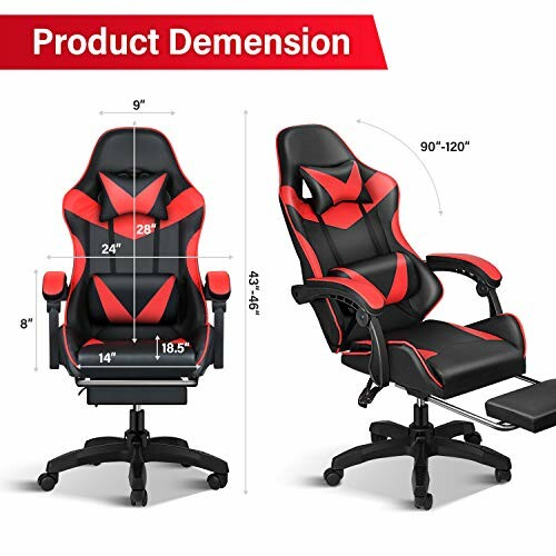 Red and black gaming chair with dimensions shown.