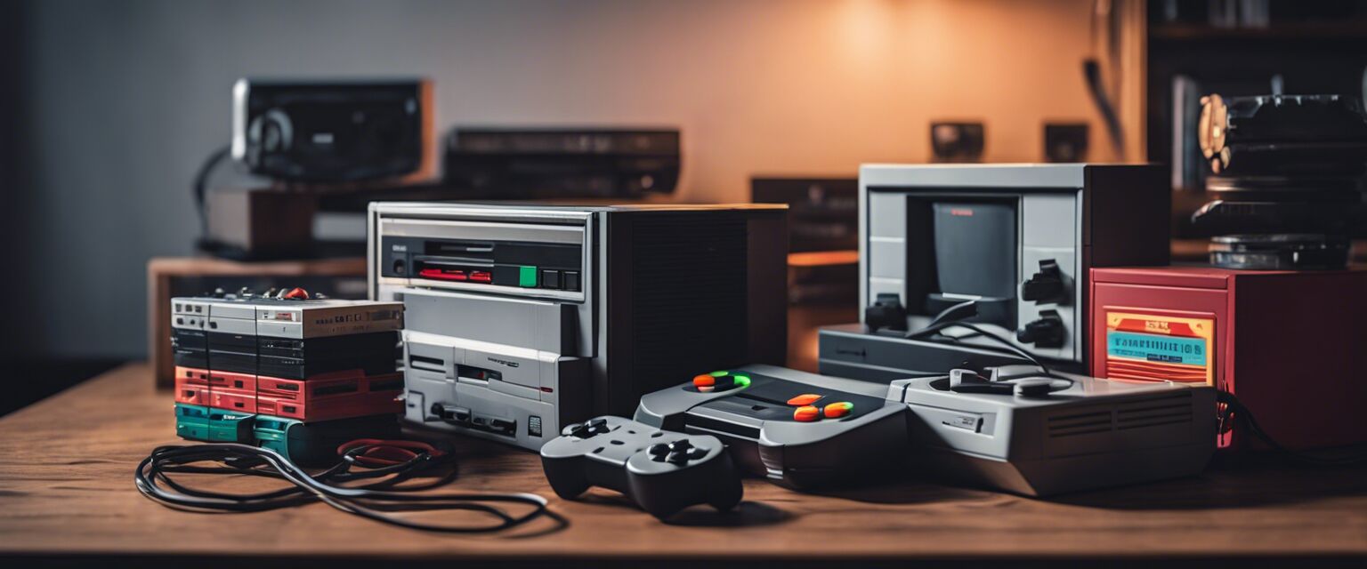 Collection of retro gaming consoles and cartridges