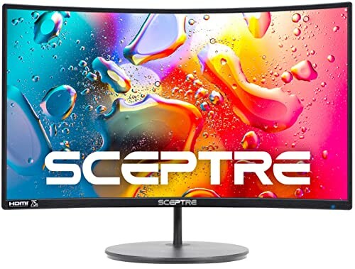 Sceptre curved monitor with colorful abstract display.