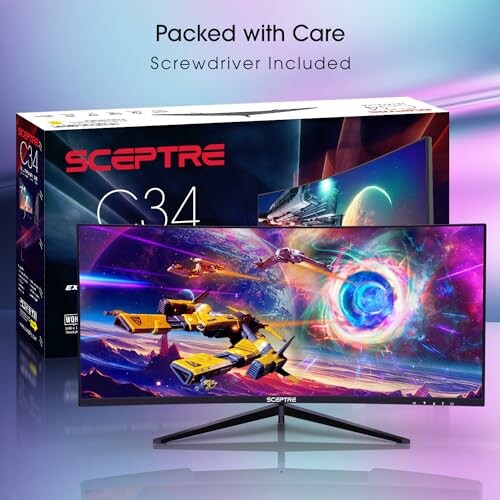 Sceptre G34 monitor with vibrant space-themed display and packaging.