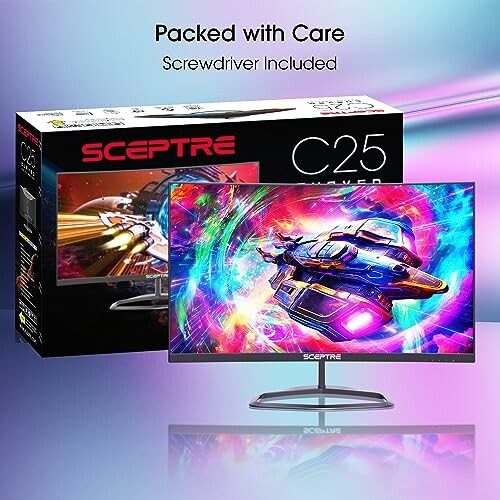 Sceptre C25 monitor with colorful sci-fi spaceship design on screen and packaging.