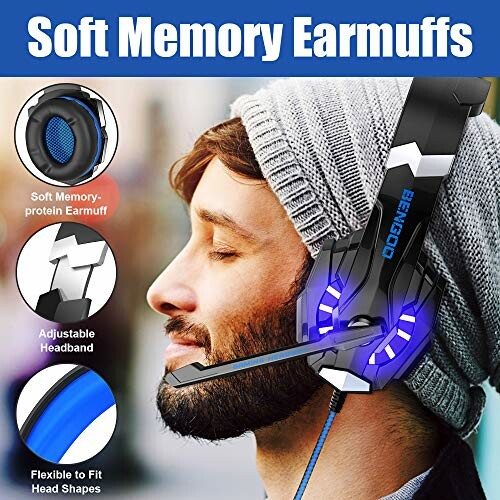 Man wearing a gaming headset with soft memory earmuffs and adjustable headband.