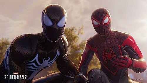 Two Spider-Man characters in costume posing outdoors.