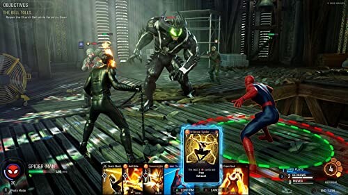 Superheroes in a video game battle against a large armored enemy.