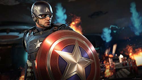 Superhero in blue suit with shield in a fiery background