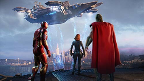 Superheroes watching a large spaceship in the sky over a city.