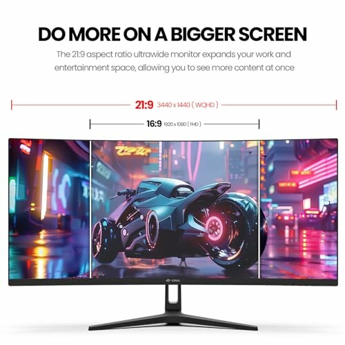 Ultrawide monitor displaying futuristic motorcycle image.