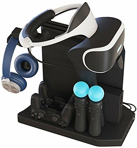 VR gaming accessories stand with headset, controllers, and headphones.